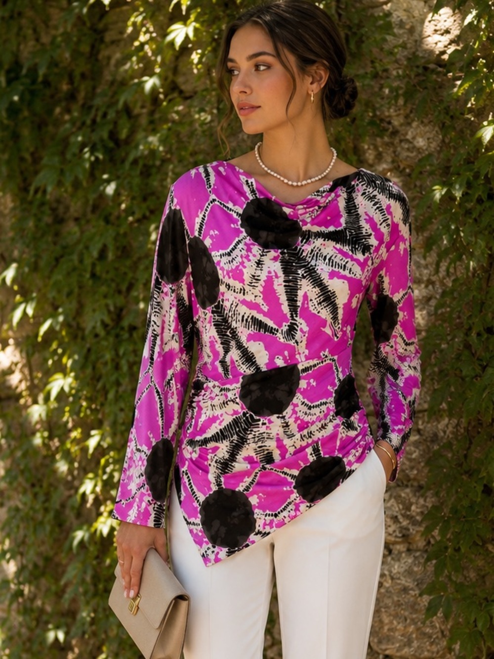ETCETERA Cowl Neck Quiet Luxury Silk Asymmetric Side Zip Blouse, M